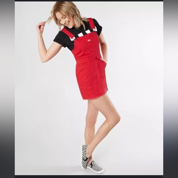 Dickies Overalls Frayed Hem Dress With Stretch in Red Size Large NWT - Picture 1 of 9